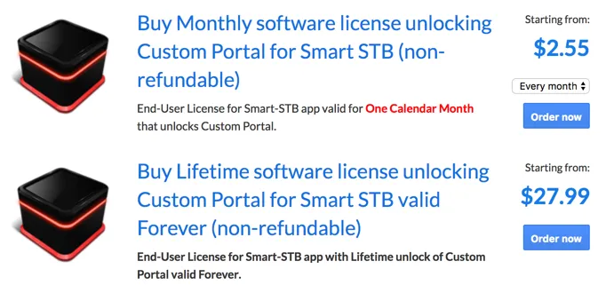 Smart STB license options to buy a monthly software license or a lifetime software license that unlocks the Custom Portal