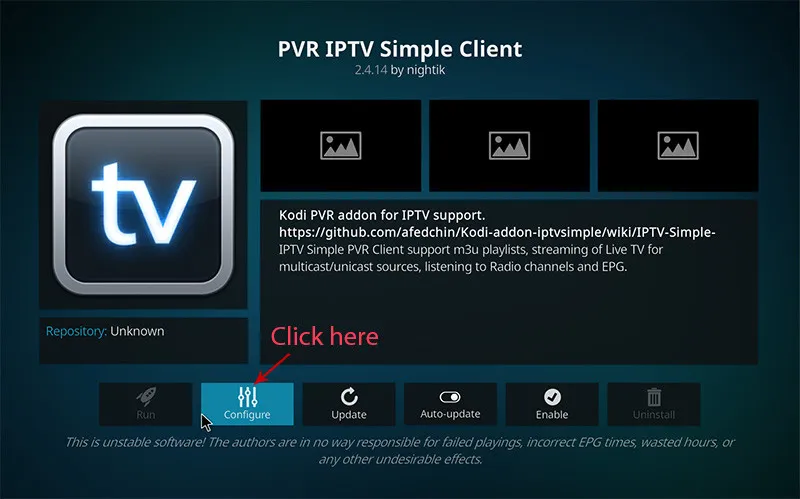 Kodi PVR IPTV Simple Client page with the Configure button highlighted