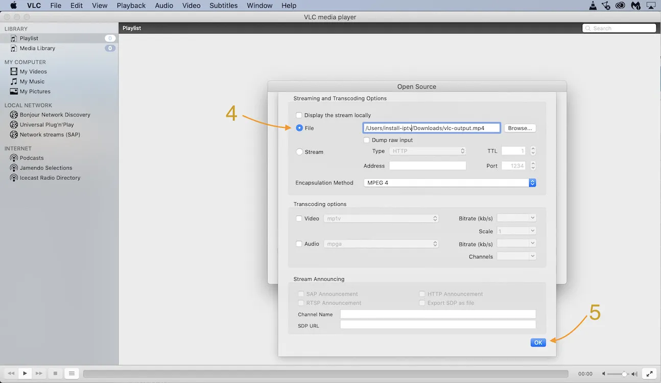 VLC streaming and transcoding options with a File save location set for the recorded IPTV stream and the OK button