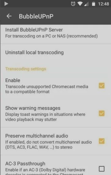 BubbleUPnP transcoding settings with Enable turned on for unsupported Chromecast media