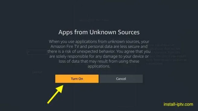Apps from Unknown Sources confirmation dialog with Turn On selected