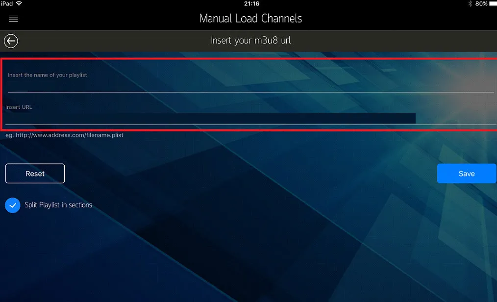 IP Television Manual Load Channels form with playlist name and M3U URL fields
