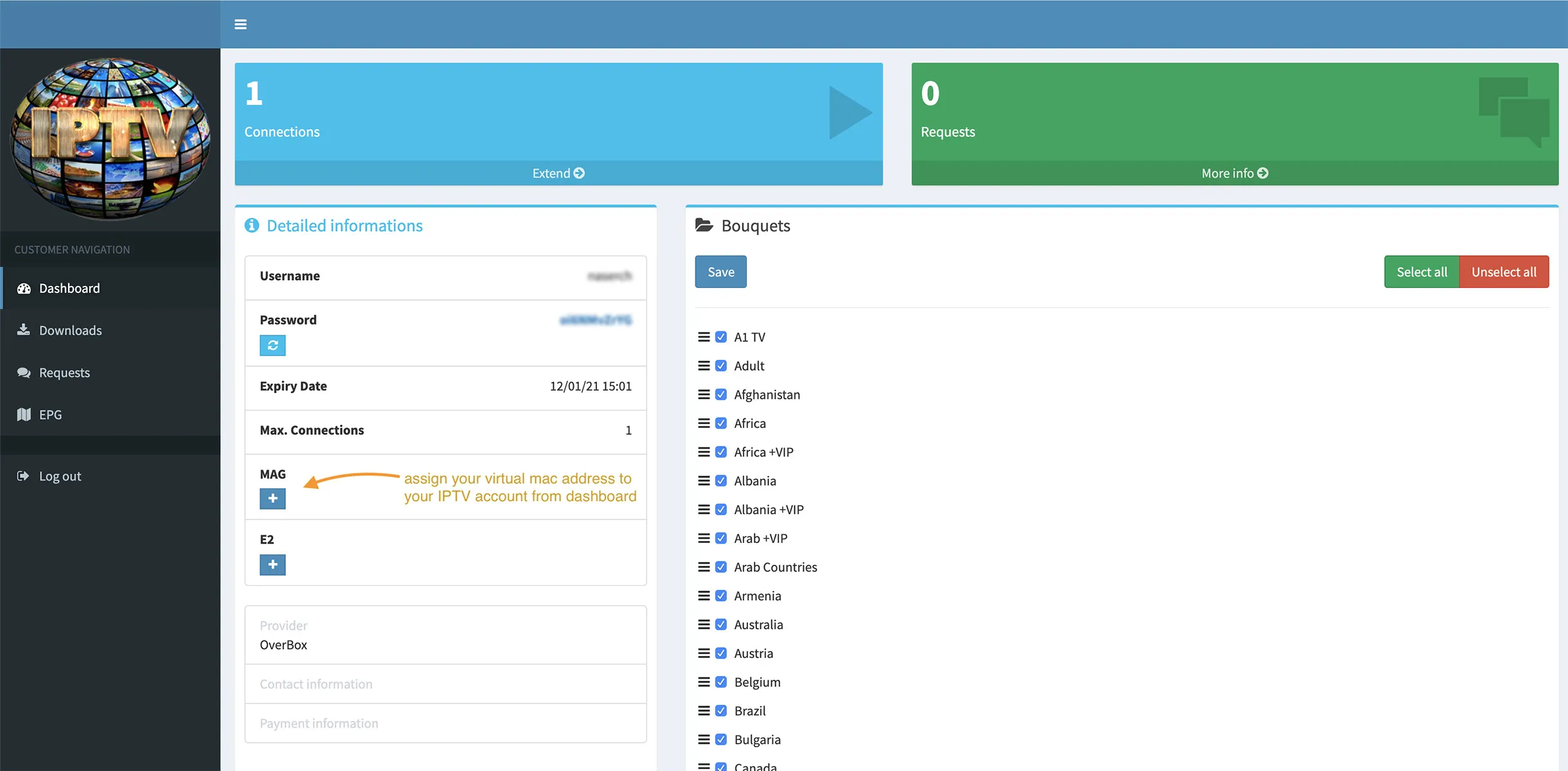 IPTV provider dashboard with a MAG field for assigning your Virtual MAC address to your IPTV account