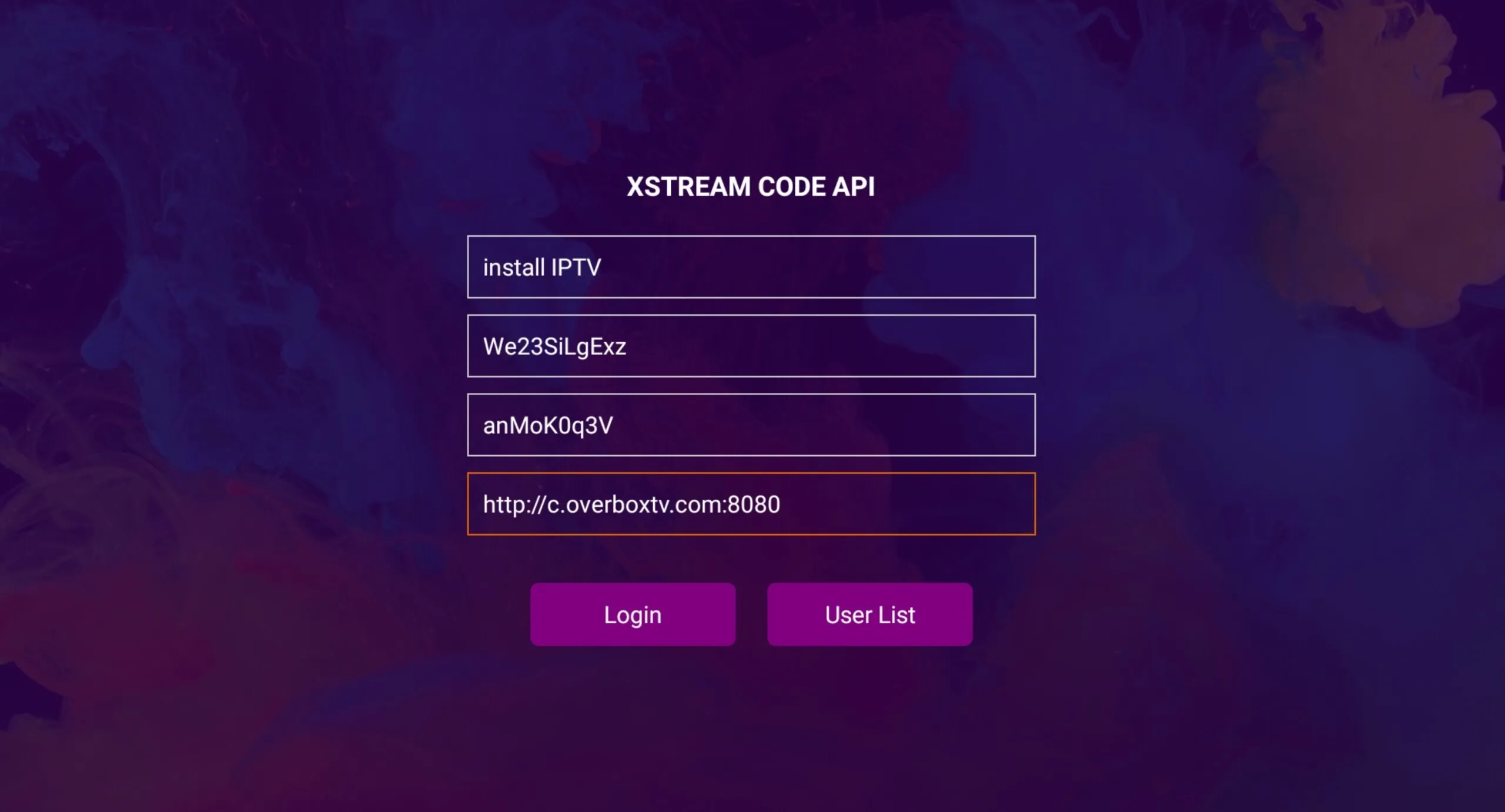 IPTV Smart Purple Player Xstream Code API form with playlist name, username, password and server URL fields