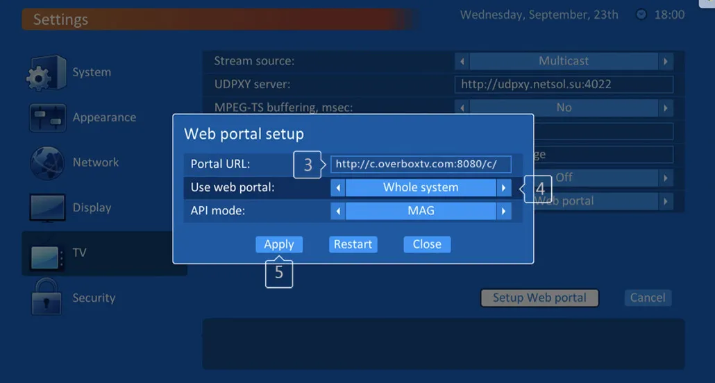 TVIP Web portal setup dialog with Portal URL, Use web portal set to Whole system, and API mode set to MAG