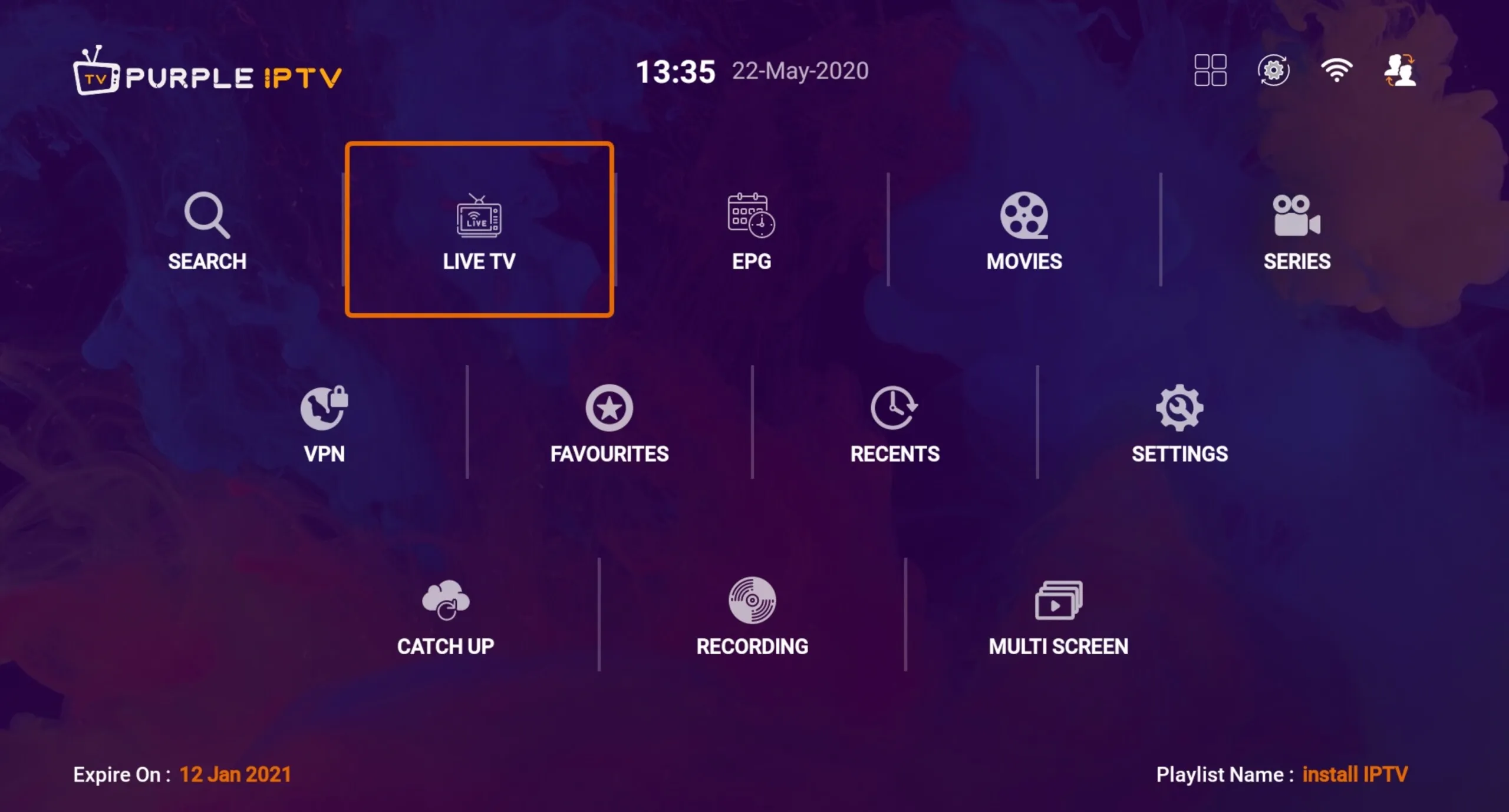 IPTV Smart Purple Player home menu with Live TV, EPG, Movies, Series, VPN, Favourites and Recents