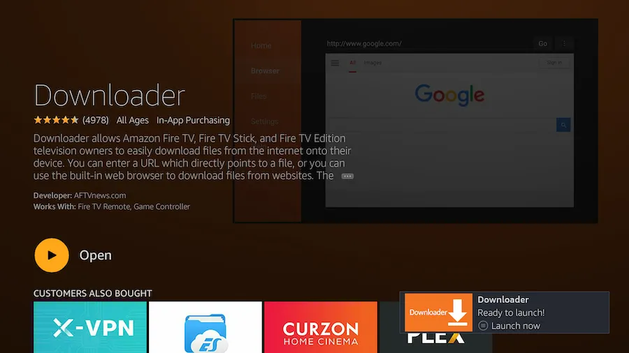 Downloader app page in the Amazon store with the Open button