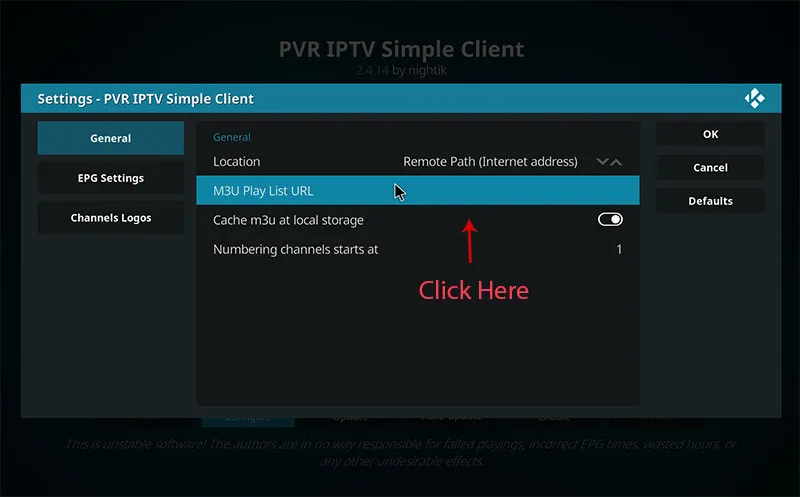 Kodi PVR IPTV Simple Client settings selecting M3U Playlist URL