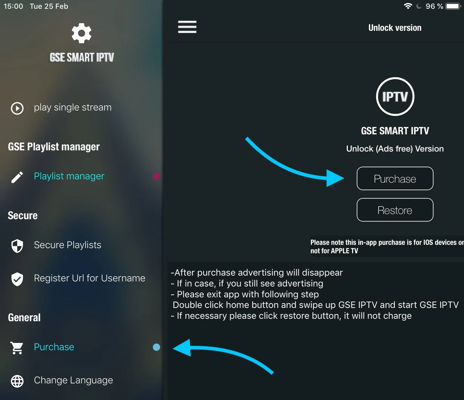GSE Smart IPTV Unlock version screen with the Purchase button