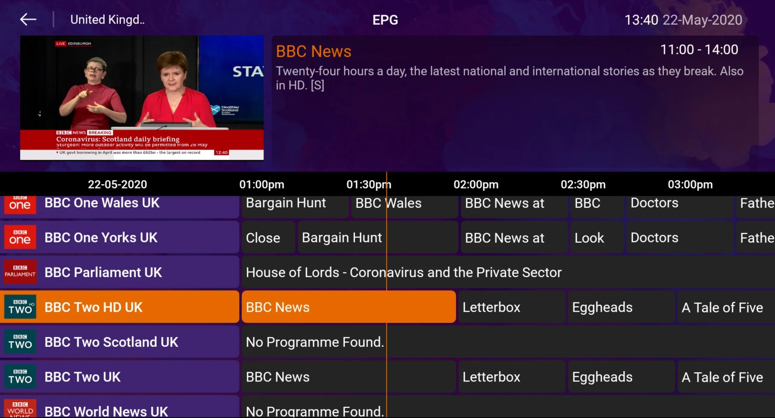 IPTV Smart Purple Player EPG view with channel guide and live preview window
