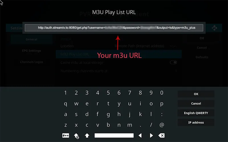 Kodi on-screen keyboard entering the M3U playlist URL