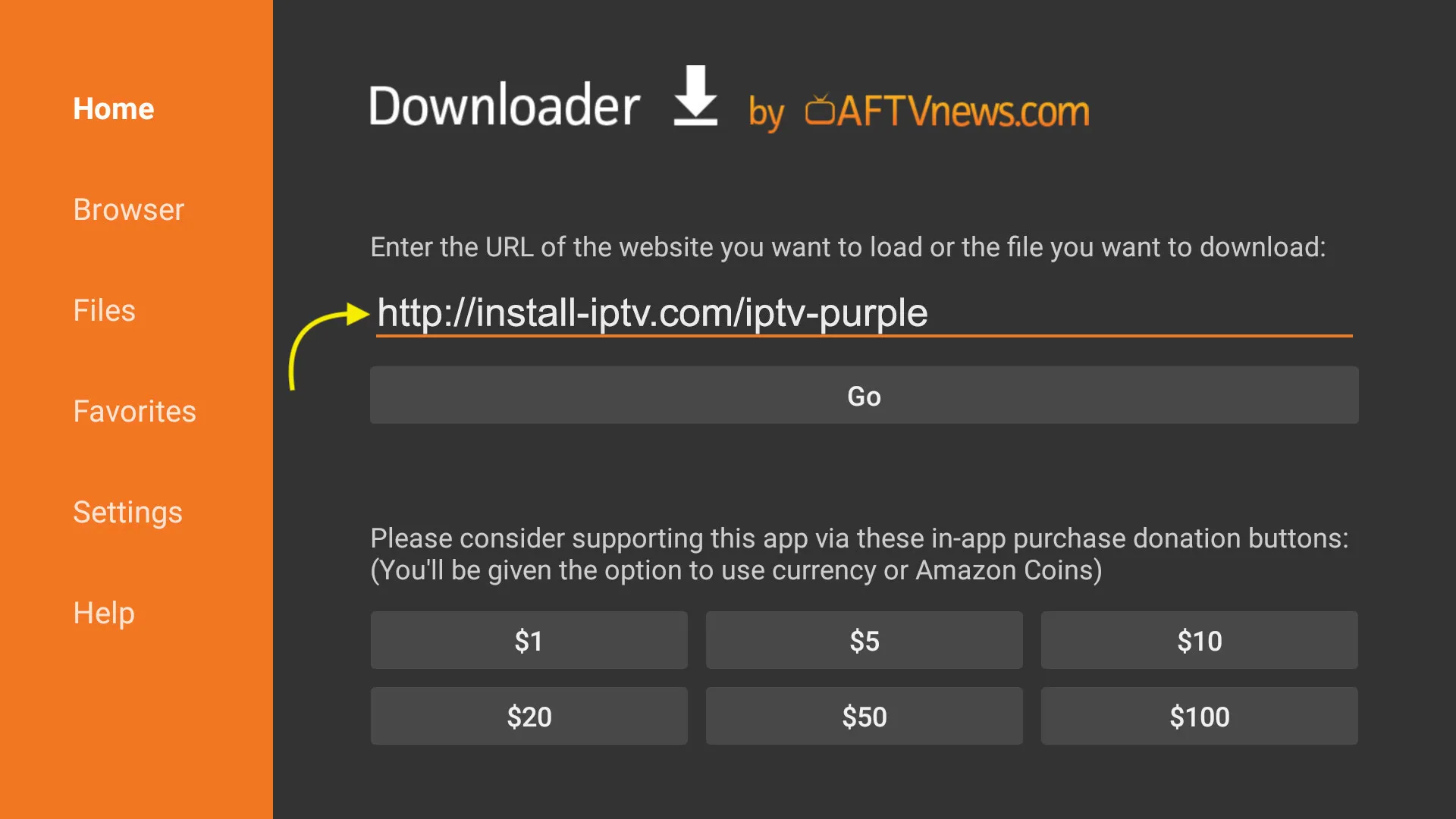 Downloader app with an IPTV APK link entered in the URL field